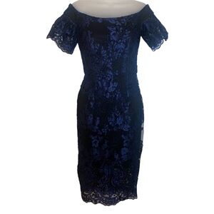 Xscape Blue Off-Shoulder Flutter Sleeve Sheath Dress